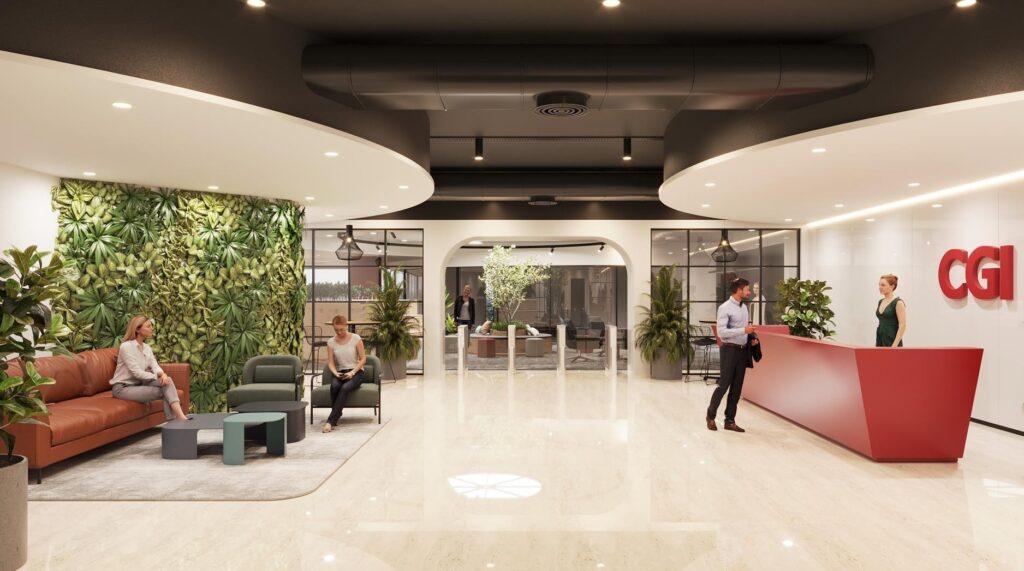 angular red CGI reception desk, CGI logo on red feature wall, moss living wall on left, tan leather lounge cluster, polished marble floor with inlaid star pattern.