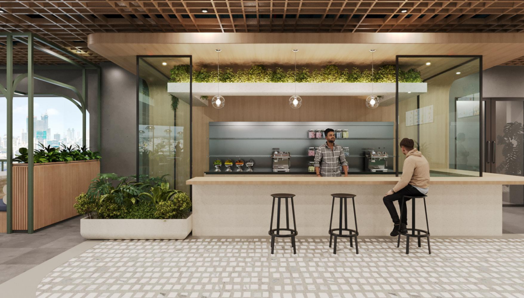 Café bar with suspended planter trough, stone counter, panoramic city view through full-height glazing.