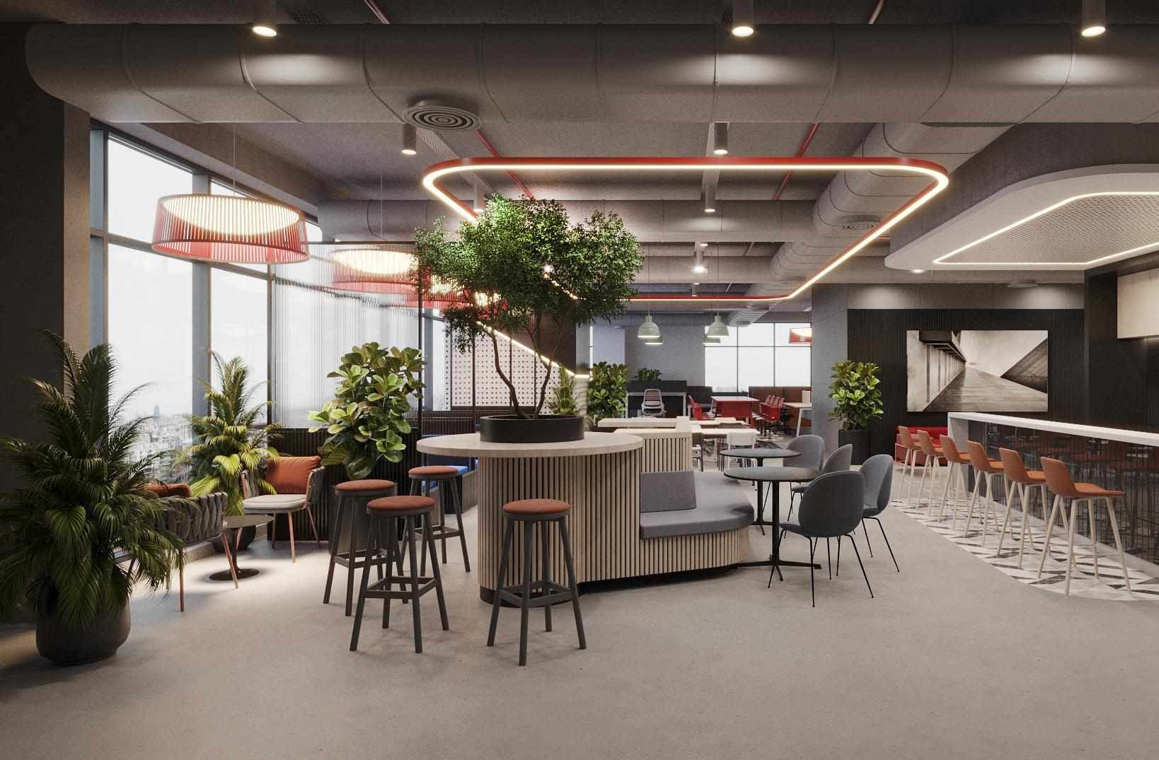Café and breakout: circular red-edged ceiling halo in brand colour, large central planter with tree, casual high tables and counter stools, motorcycle mural on back wall.